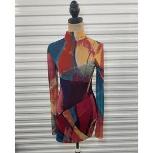 Y2K Abstract Colorful Mesh Long Sleeve Mini Dress